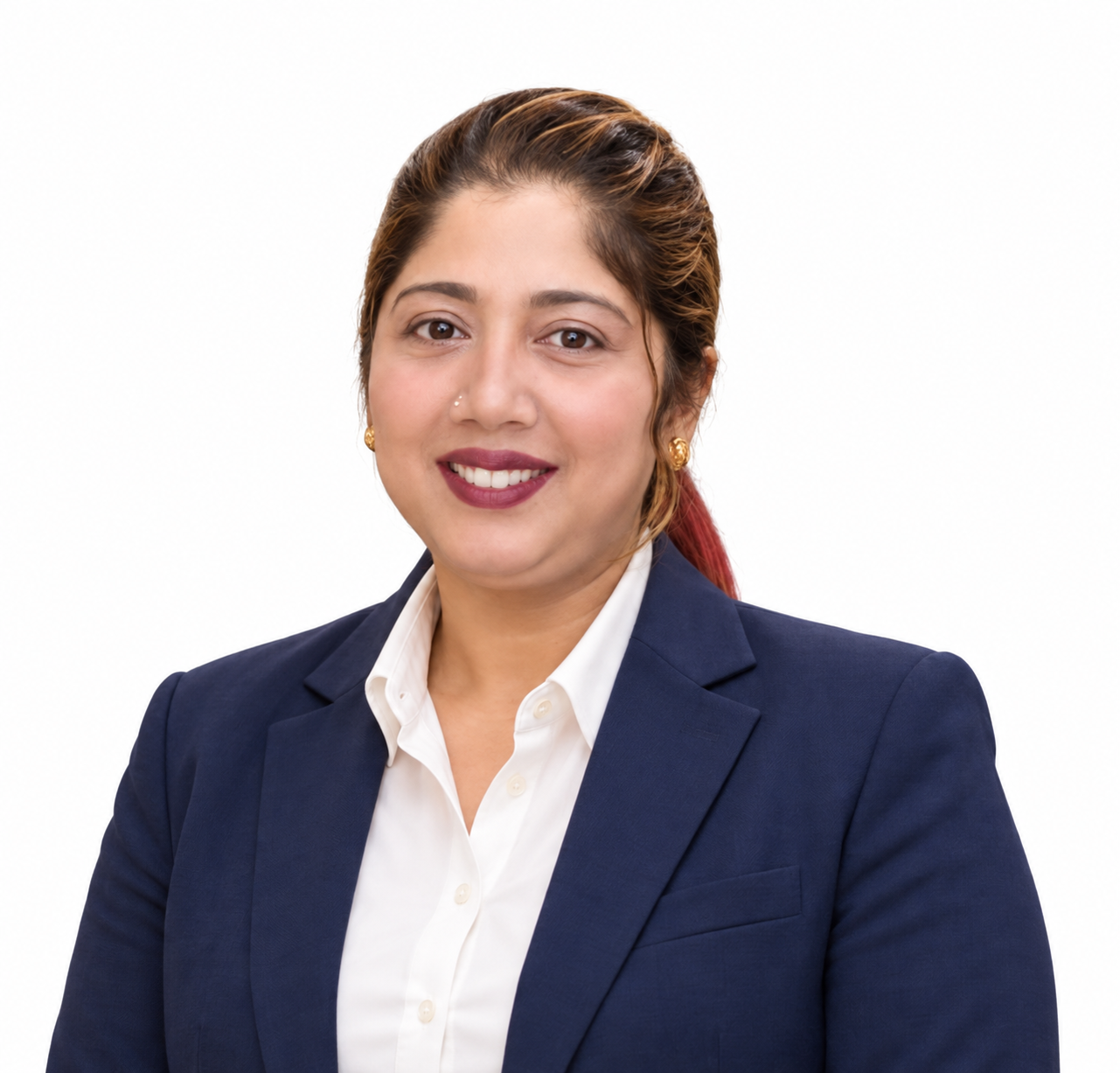 Navy blazer leadership portrait on white